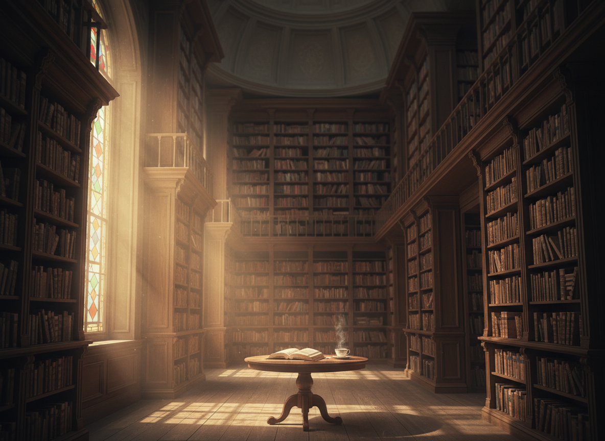 A dimly lit library with towering bookshelves and warm light
