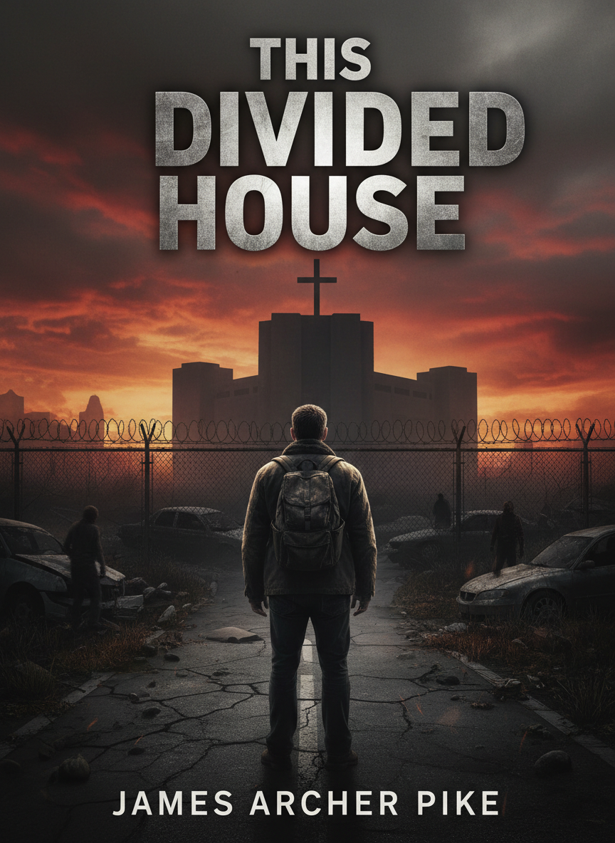 A dark, atmospheric book cover for "This Divided House" — a zombie apocalypse thriller with emotional depth. The foreground shows a lone man (a father figure) seen from behind, standing at the edge of a crumbling suburban street at dusk. In the distance, behind a chain-link fence topped with barbed wire, the silhouette of a compound or compound-style buildings with a cross on one of them. The sky is a bruised mix of deep orange, blood red, and ash grey — post-apocalyptic haze. Shadowy figures (zombies) linger in the periphery, but the man's focus is clearly on the compound ahead. The overall tone is bleak, tense, and deeply personal. The title "This Divided House" should appear at the top in bold, weathered typography. Author name "James Archer Pike" at the bottom in clean white text. Style: cinematic, gritty, realistic thriller cover art.